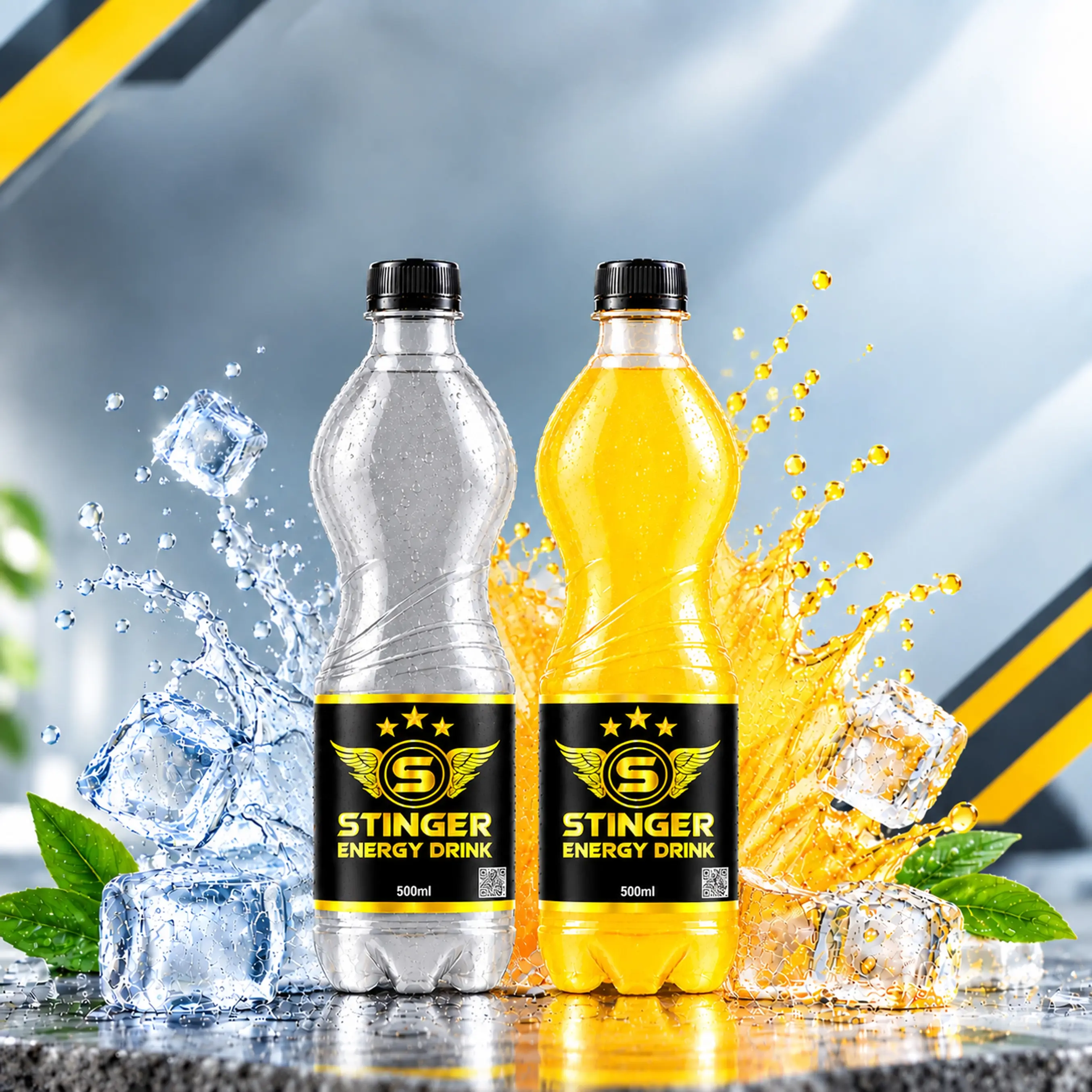 STINGER Energy Drink 500 ml clear and golden PET bottles with ice cubes and blue-gold liquid splashes.